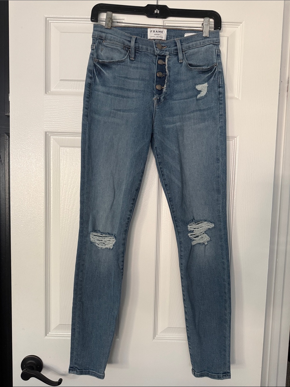 Frame Denim Women's Button-Fly Light Blue Distressed Le High Skinny Jeans
